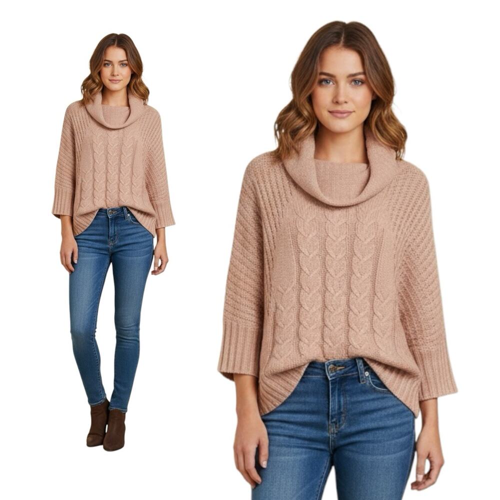 Ruby Moon Wool Knit Drawstring Cowl Neck Pink Pullover Sweater Women's Sz M Soft